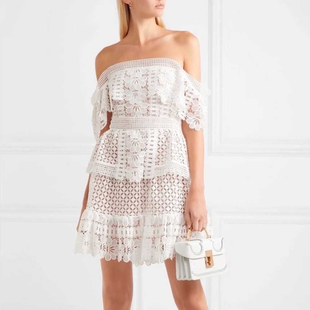 NWOT SELF-PORTRAIT Off-The-Shoulder Guipure Lace Mini Dress Size 6